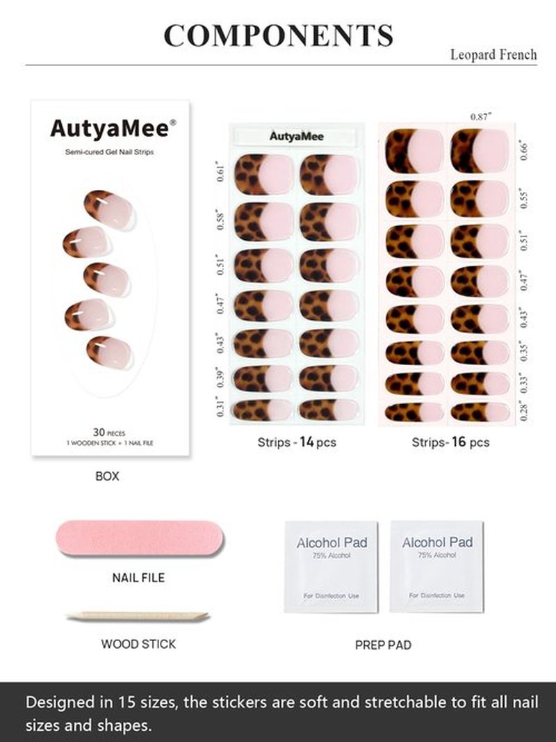 AutyaMee Semi Cured Gel Nail Strips (leopard French), 30 Pcs Gel Nail Wraps, Stickers, Long Lasting, Works With Any UV Lamps