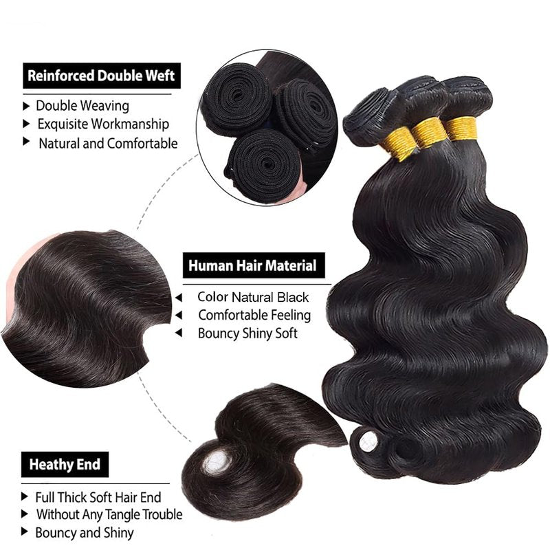ZCMYVINND 30 32 34 Inch Natural Black Human Hair Body Wave Bundles 3 Bundles Silky and Soft Double Weft Unprocessed Brazilian Virgin Remy Hair Bundle Color #1B Bundle Body Wave Natural Black