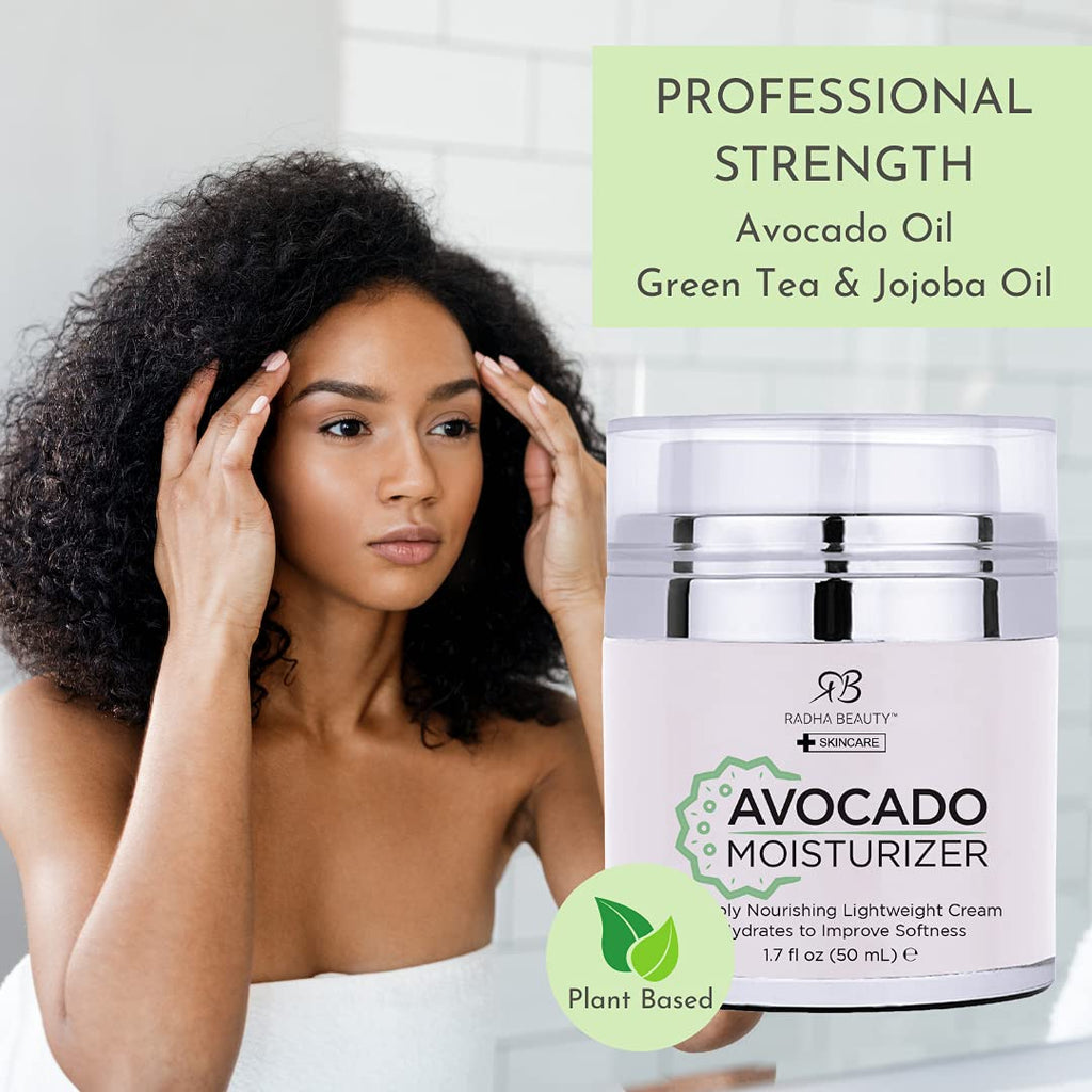 Radha Beauty Glow Boosting Avocado Moisturizer, 1.7 fl oz. for Face, Neck, Decollete - Super Moisturizing Facial Lightweight Cream