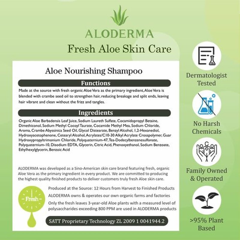 Aloderma Aloe Nourishing Shampoo 16oz - Made with Fresh, Organic Aloe Vera (No Water Added) for Dry, Damaged Hair - Gently Cleanse and Moisturize for Soft, Healthy, Shiny Hair - Alcohol, Paraben-Free