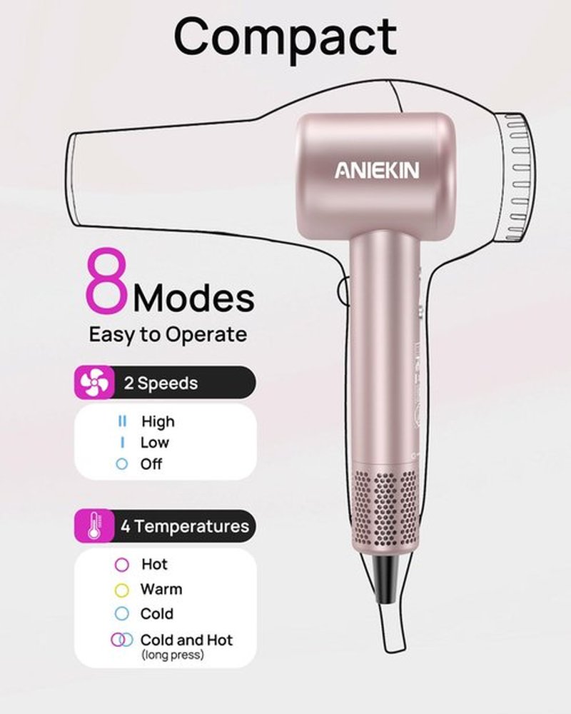 Hair Dryer, High-Speed Ionic Low Noise Blow Dryer with Brushless Motor for Fast Drying, Thermo-Control Quiet Compact Hair Blow Dryer with Magnetic Diffuser for Curly Hair for Home Travel Salon