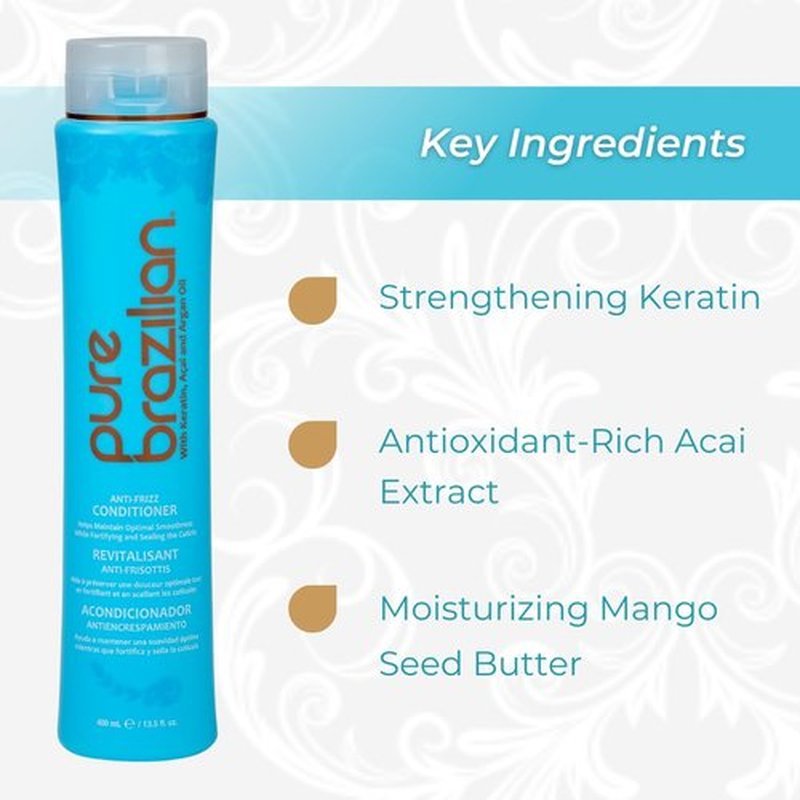 Pure Brazilian Anti-Frizz Daily Conditioner - Keratin & Acai Formula for Smoother, Shinier Hair | 13.5 Oz