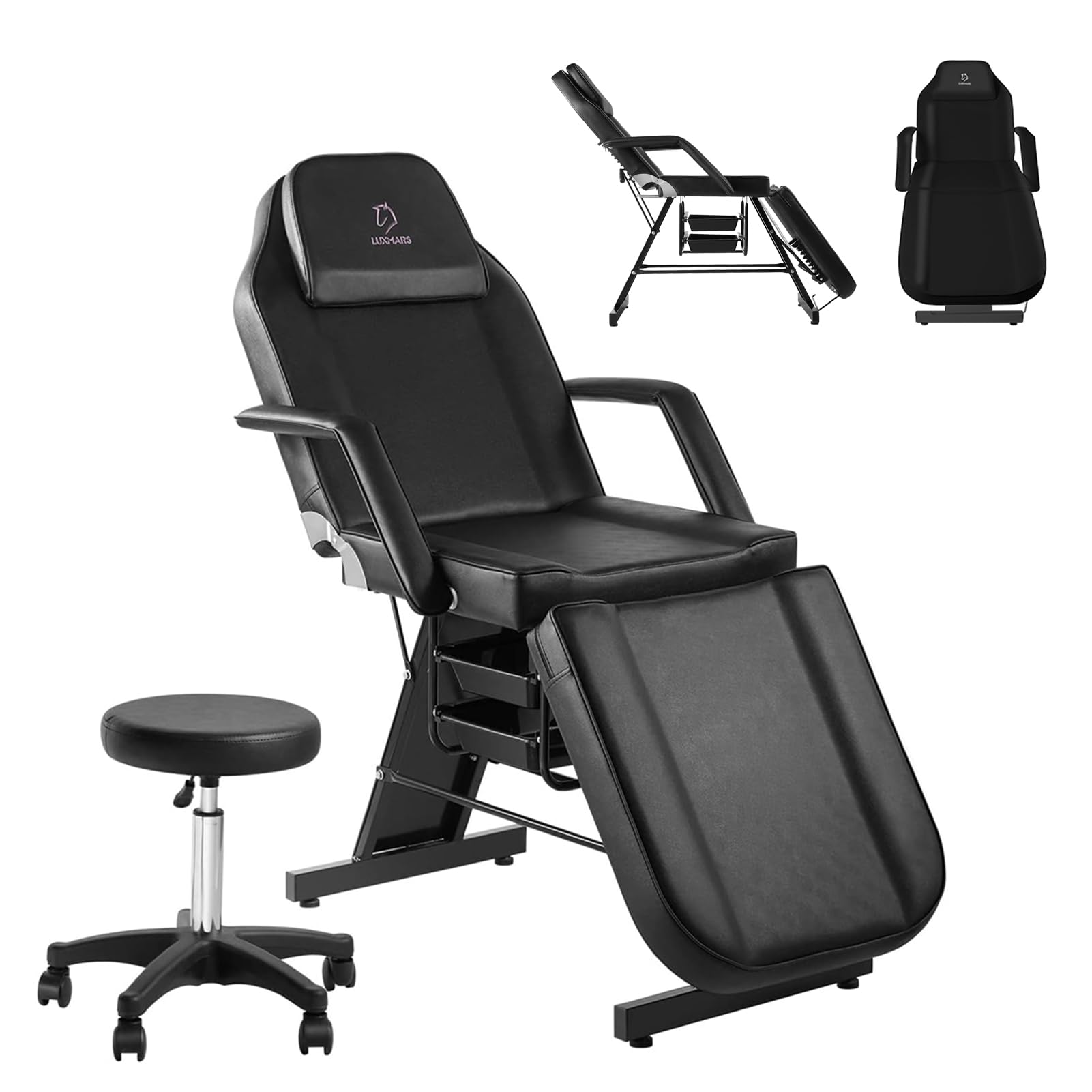 LUXMARS Facial Chair,73″ Tattoo Chair for Client,3-Section Adjustable Massage Table with Stool,Multipurpose Beauty Beds Salon Equipment for Esthetician,Tattooshop,Spa (Black)