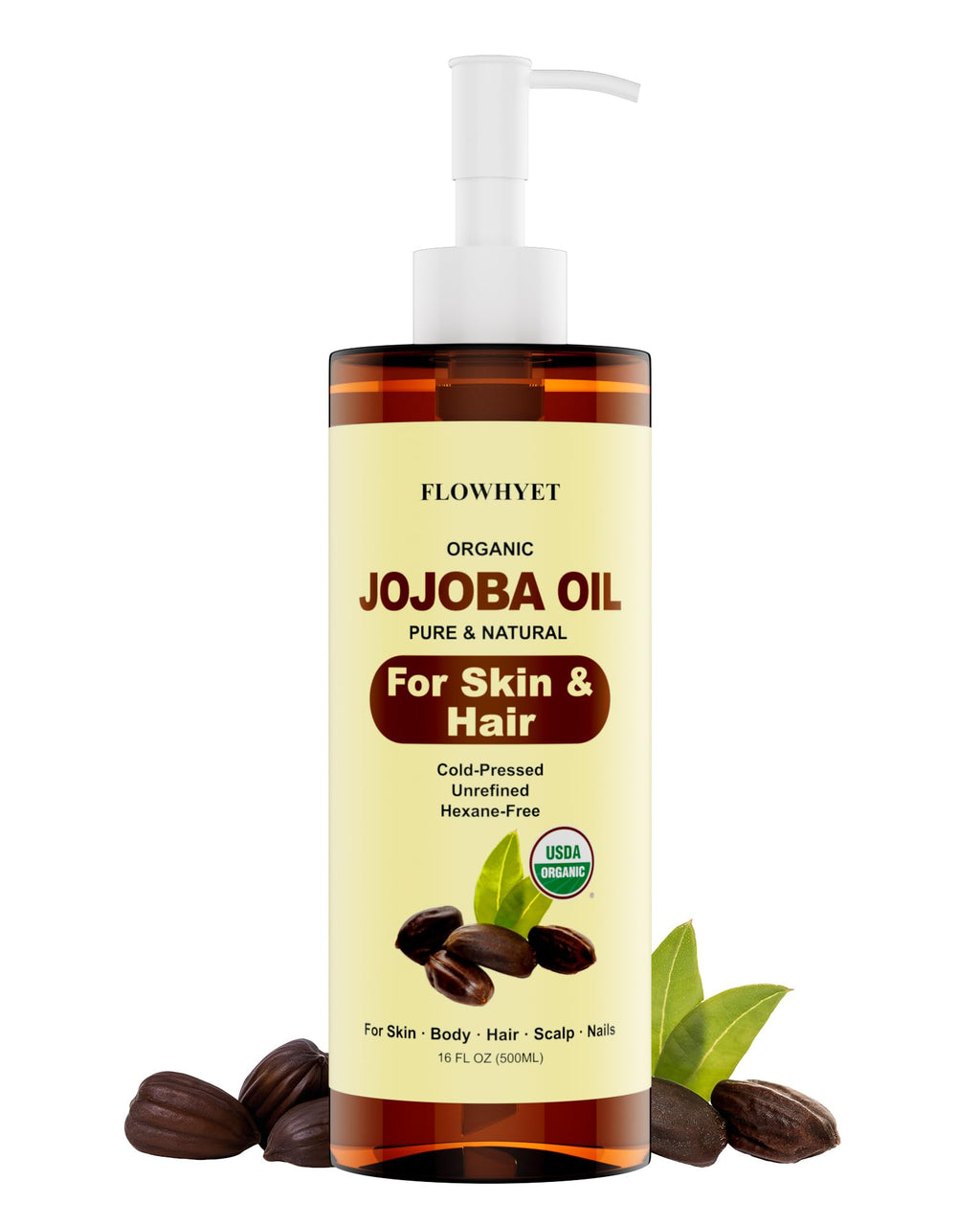 FLOWHYET 16 fl oz Jojoba Oil Organic Cold Pressed, USDA Certified, 100% Pure Jojoba Carrier Oil for Skin, Hair, Face, Body, Scalp & Nails, Unrefined, Hexane-Free