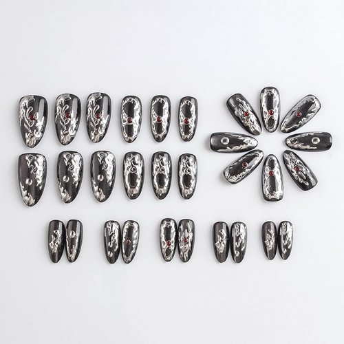 Gothic Metal Press on Nails Medium Almond Fake Nails Black Nails Press ons with Sivler Chrome Design Full Cover Stick on Nails for Women Manicure,Reusable | Nail Sticky Tabs | Easy Apply | 30Pcs