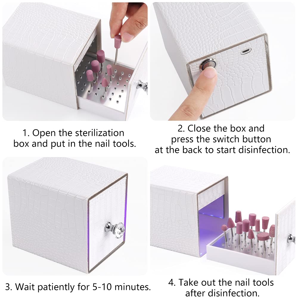 Yokilly Nail Drill Bit Holder,Blue UV Light Box for Grinding Heads Dustproof Stand Displayer Acrylic 48 Holes Nail Salon Organizers Manicure Tools with USB Charging(Not Inlcude Drill Bits)