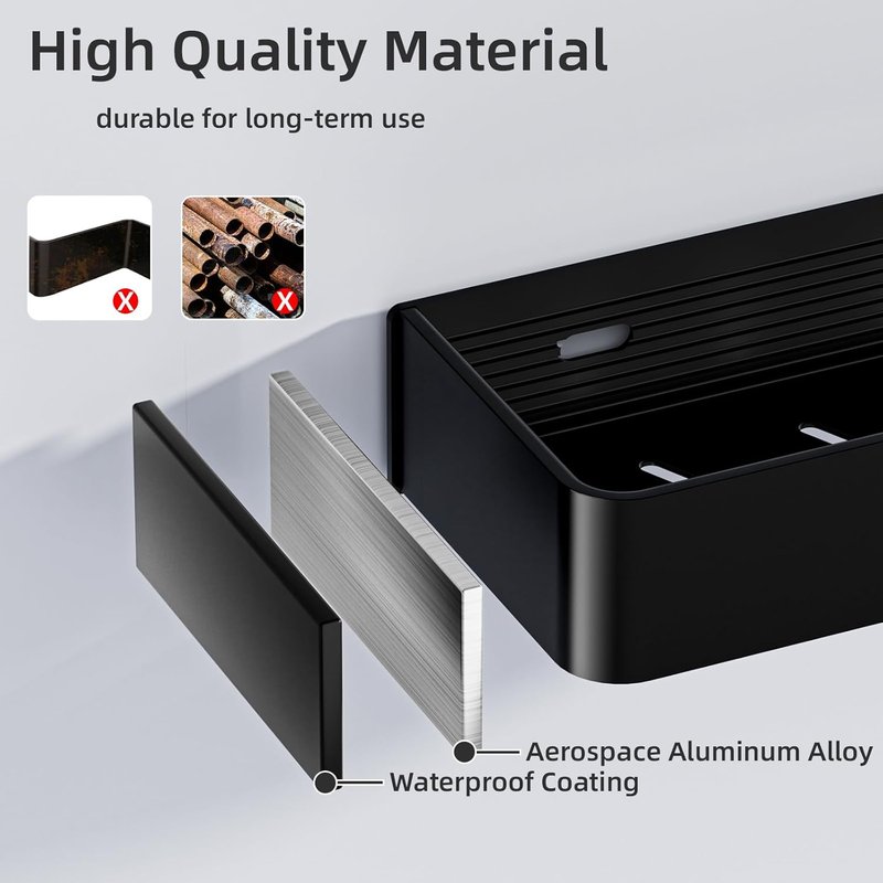 Wisfame Shower Caddy - Adhesive No Drill Rustproof Bathroom Shelf | 2 Pack Large Capacity Aluminum with 5 Hooks - Black