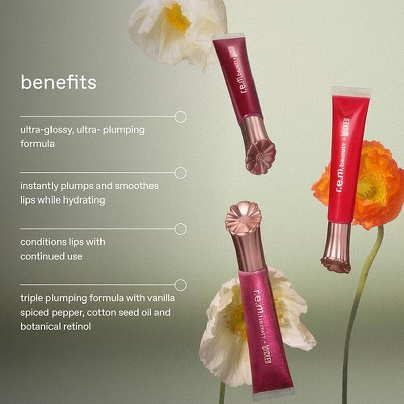 r.e.m. beauty by Ariana Grande Wicked: For Good | Poppy Plumping Lip Gloss | Plum Petals | Instant Plumping Effect for Hydrated, Softer and Smoother Lips | Silky, Non-Sticky Feel | 0.34 Fl Oz