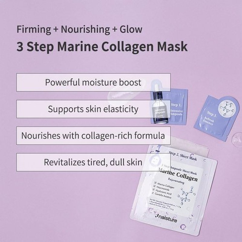 Naisture 3 Step Ampoule Mask with Marine Collagen: Hydrating Set for Skin Elasticity, Smoothing, and Moisture. Korean Skincare Kit with Ampoule, Sheet Mask, and Essence (5 pcs)