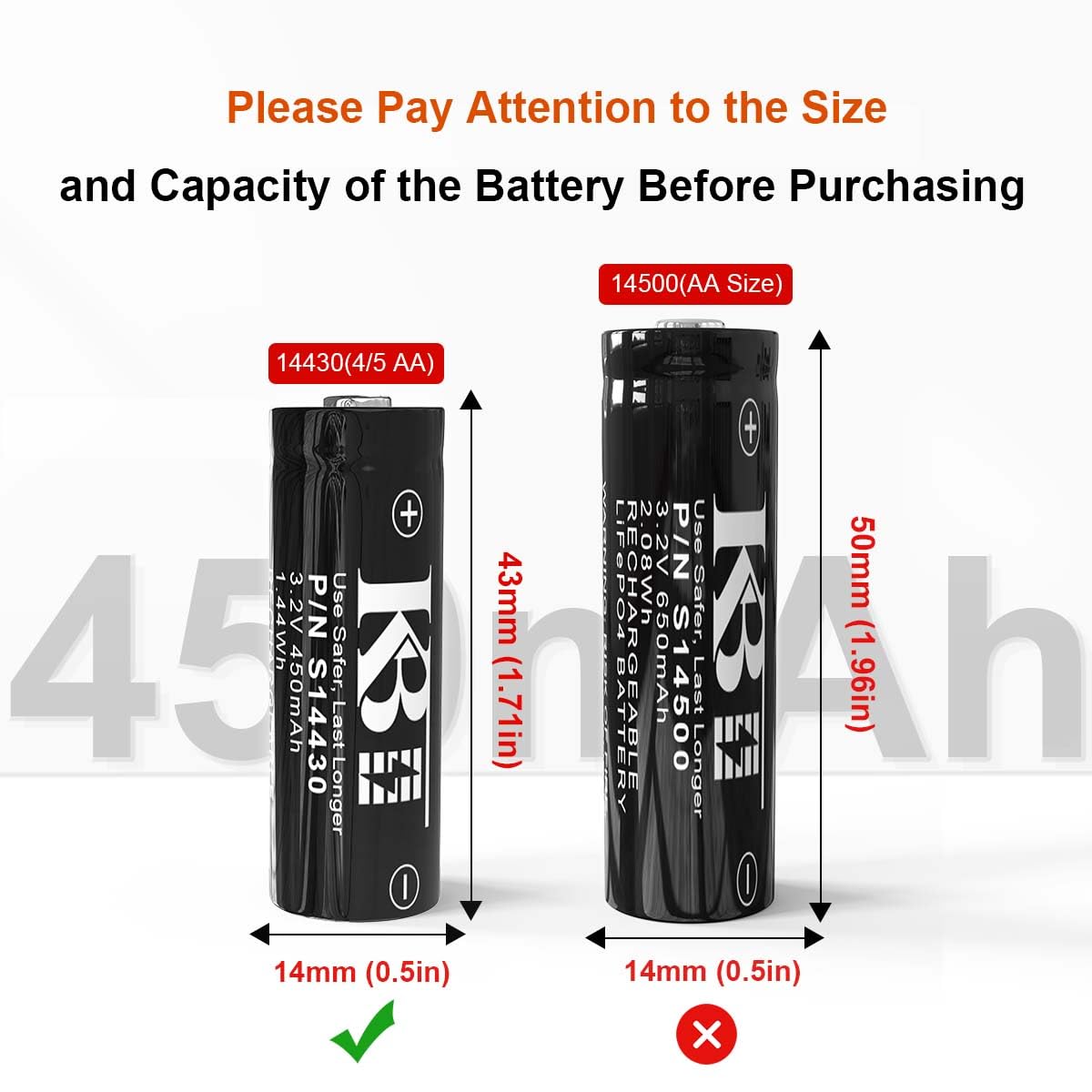 KBT 3.2 V 14430 LiFePO4 Battery, 4Pack 14430 450mAh 3.2 Volt Replacement Rechargeable Solar Batteries for Outdoor Solar Lights, Garden Landscape Lights, Solar Panel, Flashlight, Shaver