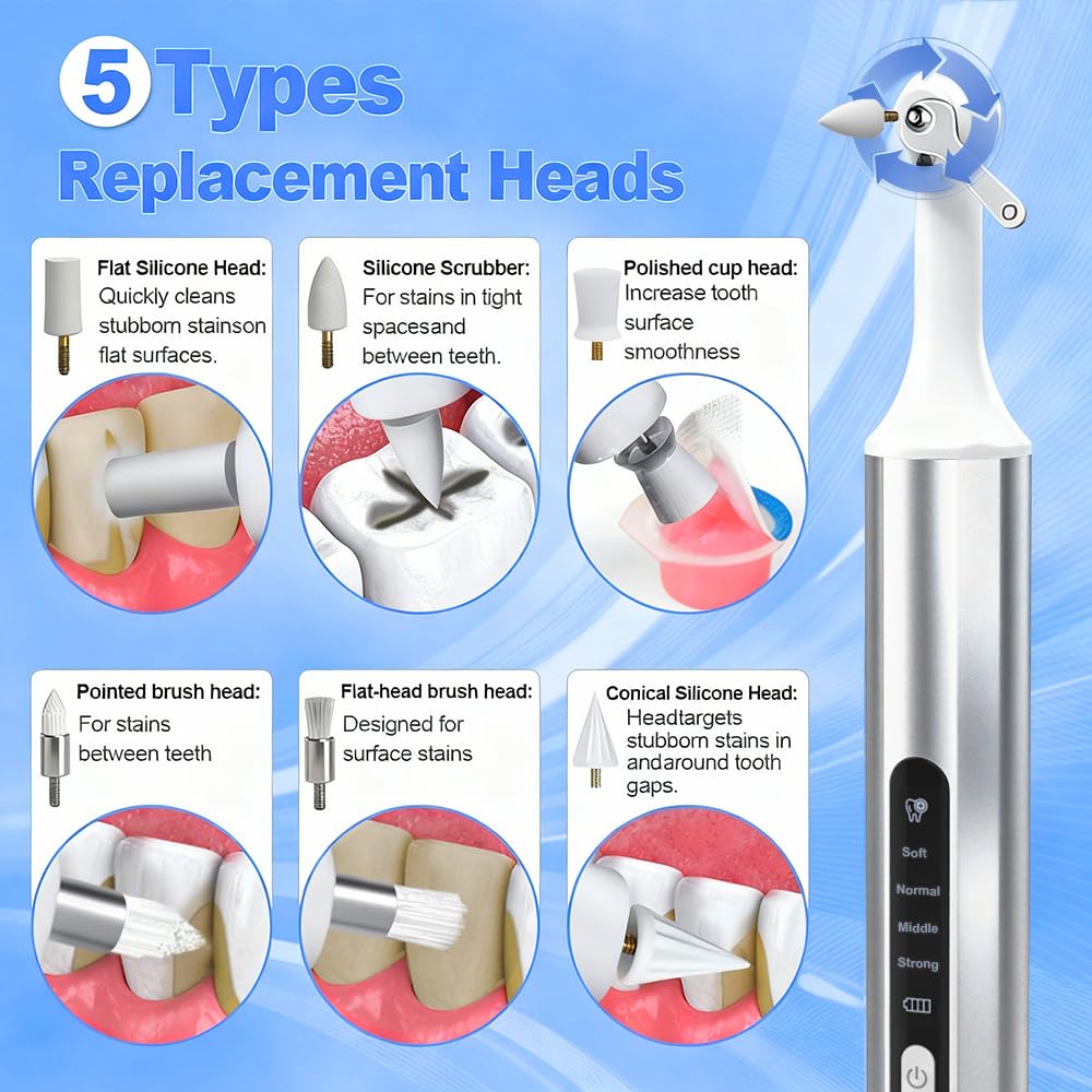 Home Tooth Polisher,Multi-Functional LED Tooth Polisher,Aluminum Alloy with Anti-Slip Texture,9 polishing Paste Units,USB Type-C Charging,6 Polished Accessories,Personal Portable Dental Care Tool