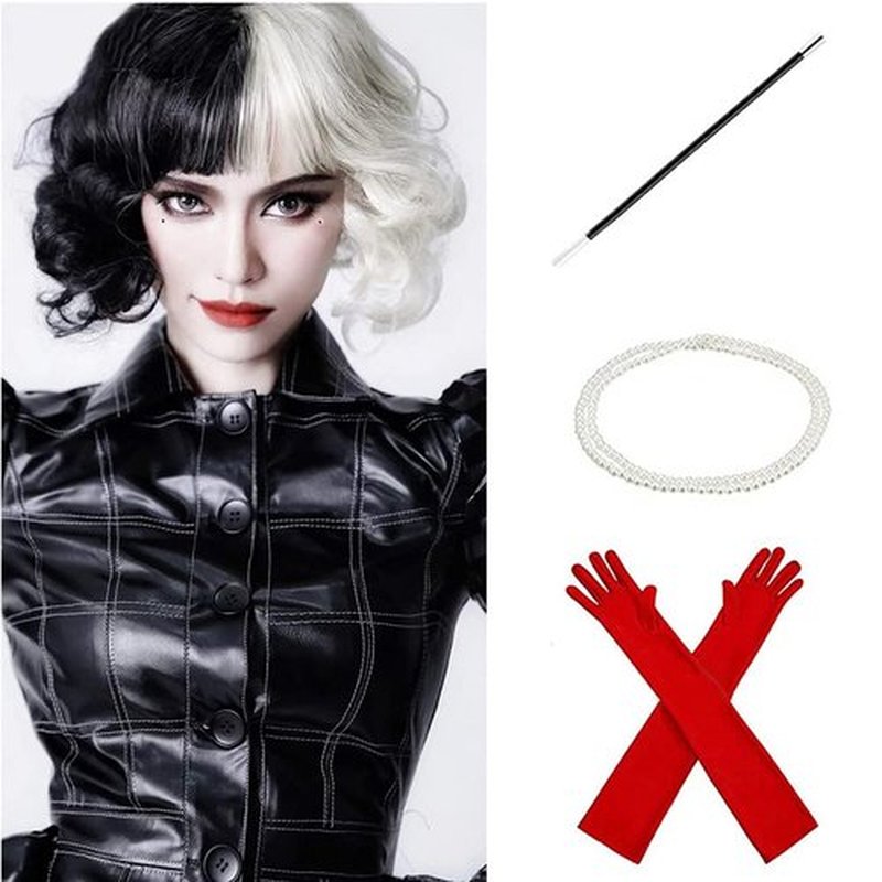 MAGQOO Half Black White Wig with Bangs Women Girls Short Curly Wavy Black and White Hair Wigs Wig Cap Included (12 Inches, Half Black White)