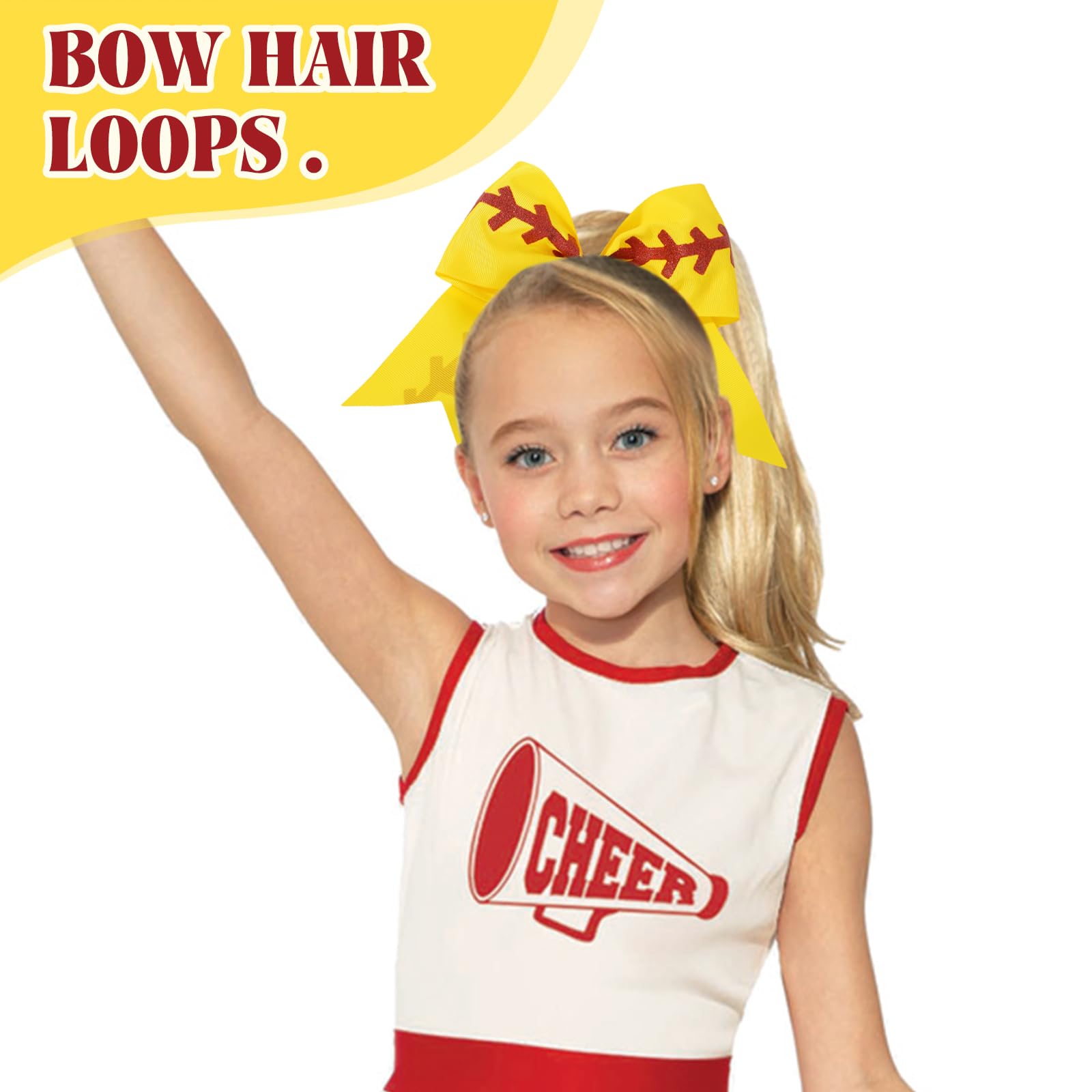 YLEN YHXX 20 PCS 8" Large Softball Cheer Hair Bows Cheerleading Bows with Ponytail Holder Elastic Band Handmade for Cheerleading Teen Girls College Sports （Softball Yellow）