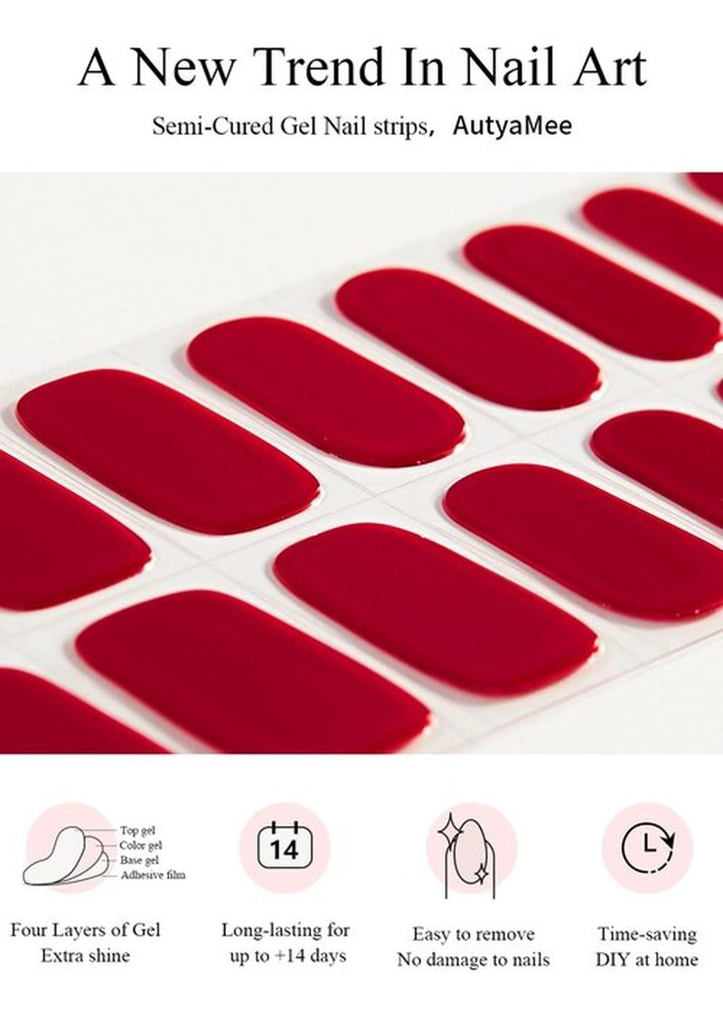 AutyaMee Semi Cured Gel Nail Strips (Ruby Red), 20 Pcs Gel Nail Wraps, Stickers, UV Light Required, Salon Quality, Long Lasting