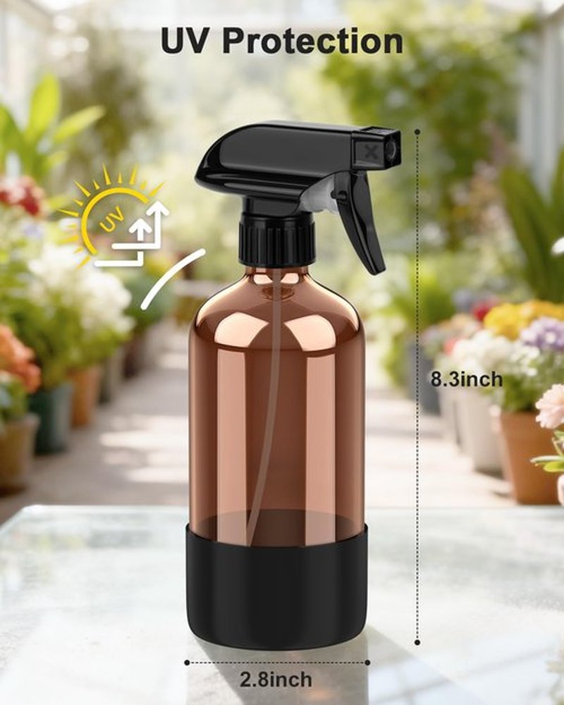 Bontip Amber Glass Spray Bottle - 16 oz Refillable with Silicone Sleeve for Cleaning & Aromatherapy (Black Sleeve)
