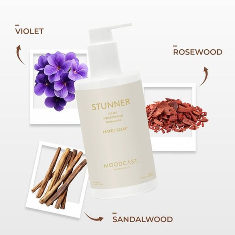 Moodcast Stunner Luxury Hand Soap - Sandalwood, Violet & Rosewood - Gentle Natural Hand Soap for Bathroom & Kitchen - Vegan, Paraben-Free & Sulfate-Free, Made in the USA
