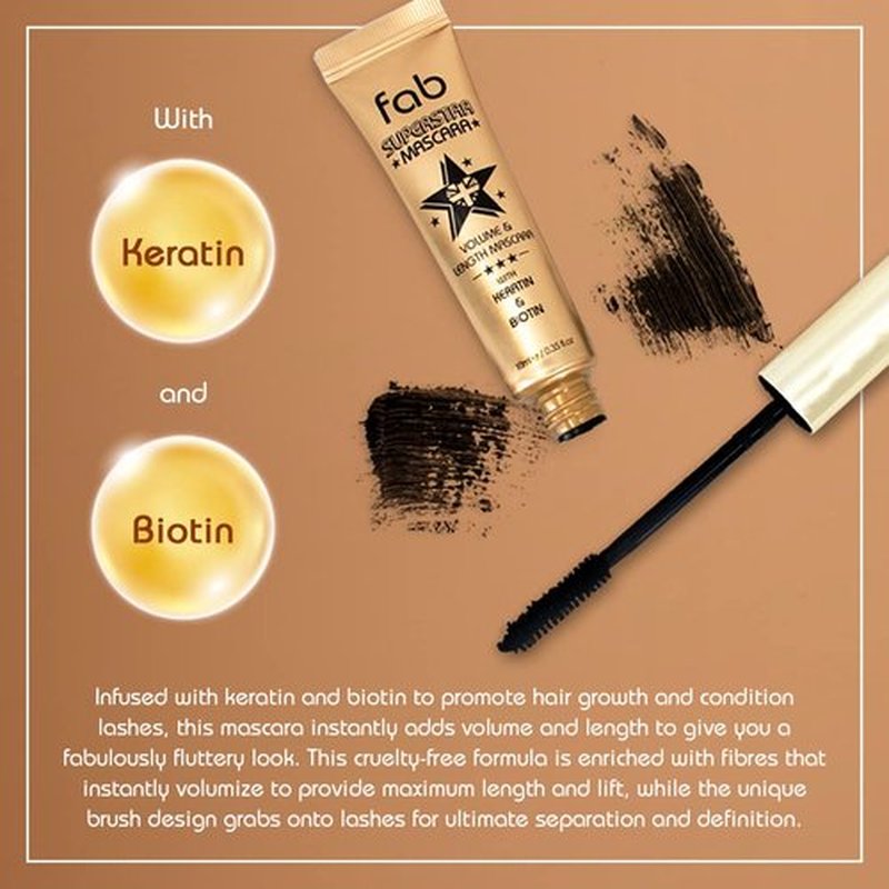 Fab Superstar Mascara: Waterproof Volumizing High Lash Lift Beauty Mascara: Black Liquid Mascarra for Bold Volume and Length - Infused with Keratin and Biotin for Longer, Better Defining Lashes - 10ml