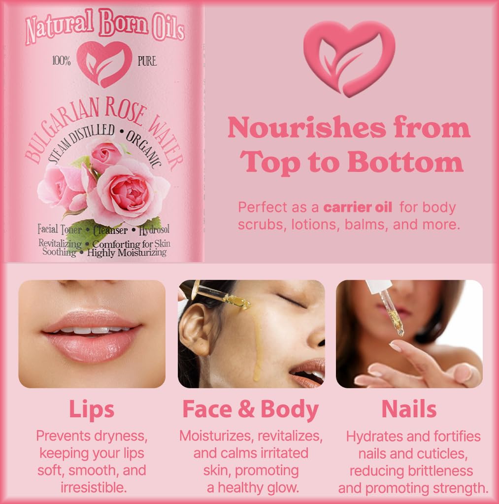Natural Born Oils 4oz Rose Water Hydrosol, 100% Pure and Natural, Organic, Steam-distilled, Facial Toner Cleanser, with Sprayer