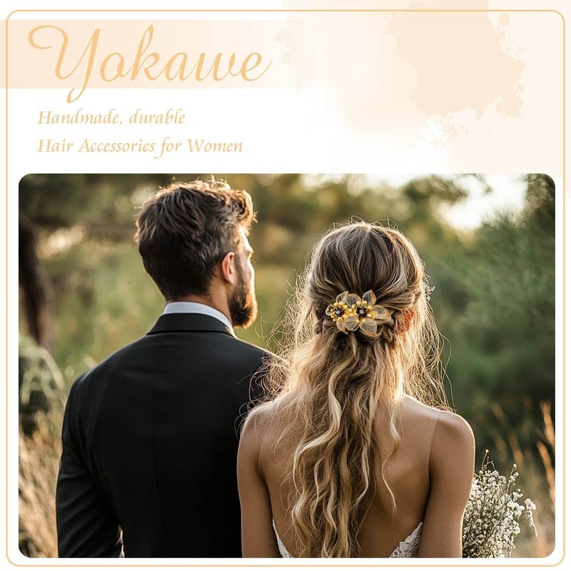 Yokawe Crystal Flower Hair Clip, Gold Mesh Design with Pearl Beads, Wedding Hair Accessory, Double Floral Barrette