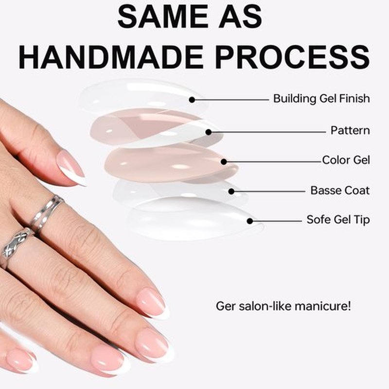 OIFEN 16 Sizes French Extra Short Gel Press on Nails Almond Reusable 32pcs Glossy Fake Nails with Glue and Jelly Stickers,Timeless
