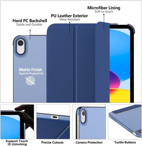 MoKo iPad Case - Slim Translucent Hard Shell for 11" (A16) & 10.9" (2022) - Navy Blue, Touch ID Support