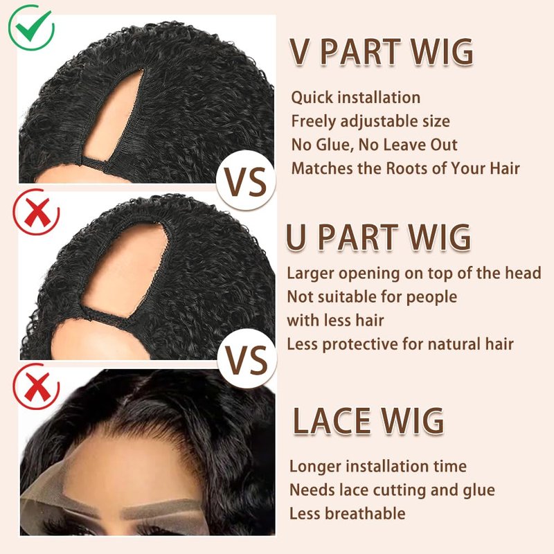 V Part Burmese Curly Wig Human Hair 200% Density Upgrade U Part Wig with Drawstring No Leave Out Glueless V Shape Full Head Clip In Half Wig Curly Human Hair Wig for Black Women Natural Color 16 Inch