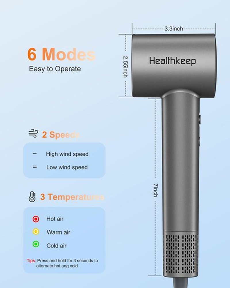 Hair Blow Dryer with Diffuser: 1500W High-Speed Brushless Motor 500M Ionic Technology, Thermo-Control Low Noise for Curly, Straight & Damaged Hair, Home Travel Salon
