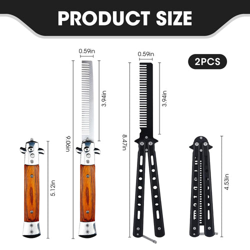 2 Pack Automatic Switch Folding Practice Combs, Stainless Steel Butterfly Comb, Switchblades Comb, Outdoor Training Pocket Combs, Hair Brush for Beard, Mustache, Hair Styling Tools(Black&Brown)