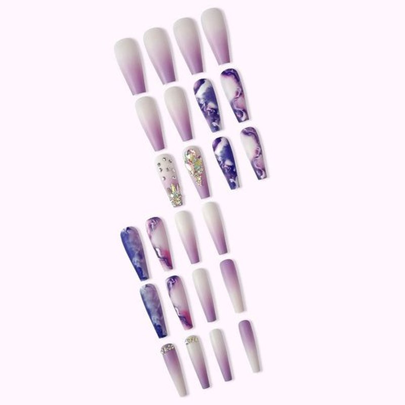 24 Pcs Press on Nails Long, Violet Fake Purple Full Cover False Nails with Rhinestone Designs Extra Long Glue on Nails Acrylic Nails for Women and Girls