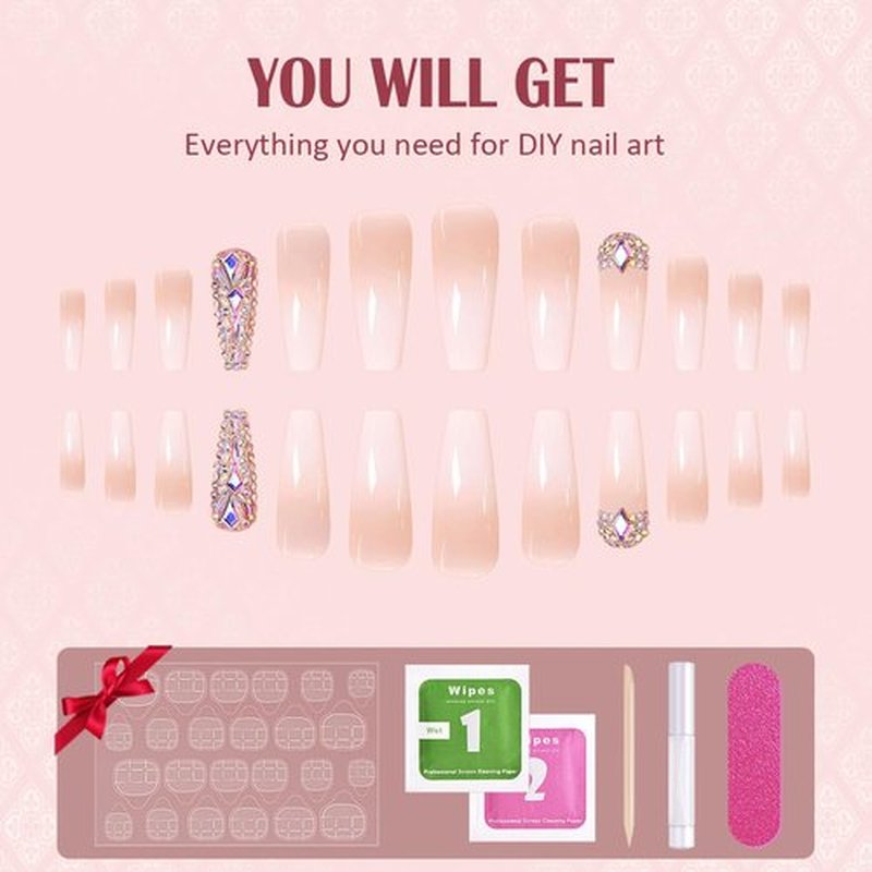 Gufonkod Pink Press on Long Coffin Bling Ballerina Acrylic Nails - 24PCS with Glue, Rhinestones, Gem Artificial Stick on Nails