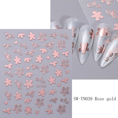 8 Sheets Flower Leaf Nail Stickers - 3D Self-Adhesive Metal Flower Nail Decals in Gold, Silver & Rose Gold - Floral Nail Designs with Retro Petal Leaves - Perfect for Women's Manicure Decoration