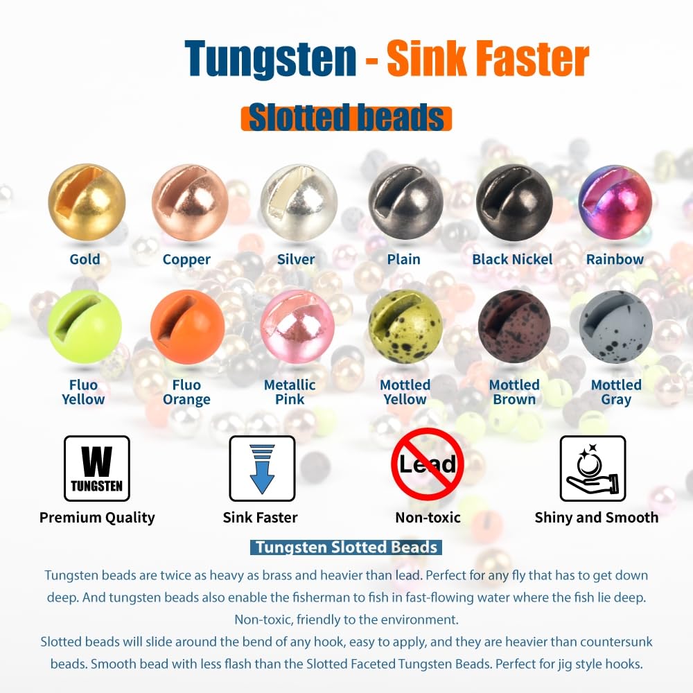 MUUNN 50pcs Tungsten Slotted Beads for Fly Tying, Sink Deeper and Faster 12 Colors/13 Sizes Slotted Tungsten Beads Fly Tying Beads Head Fly Tying Materials(Gold,2.3mm)