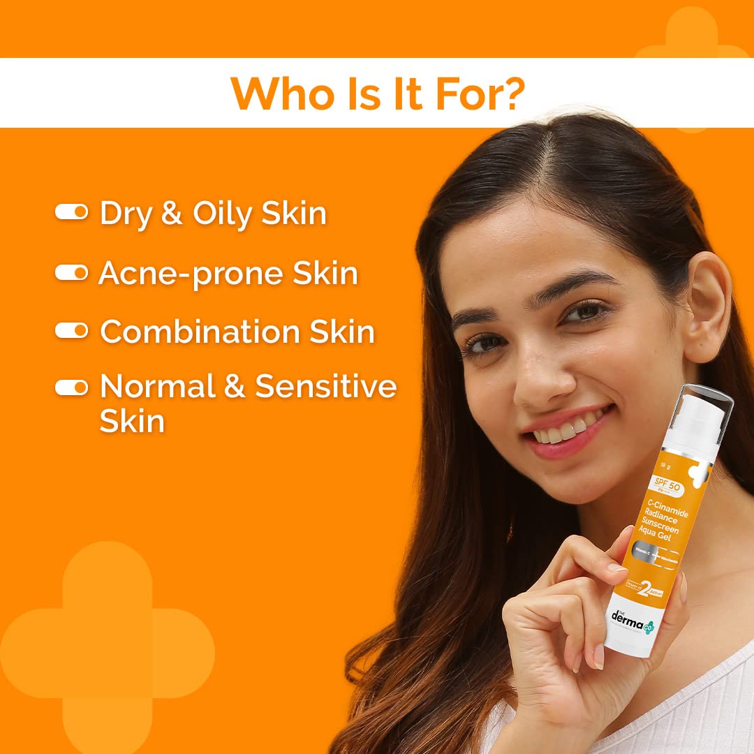 The Derma Co C-Cinamide SPF 50 Aqua Gel Sunscreen with PA++++ | Helps Give Glowing Skin with Vitamin C & Niacinamide | Non-Comedogenic & Lightweight | 1.76 Oz/ 50g