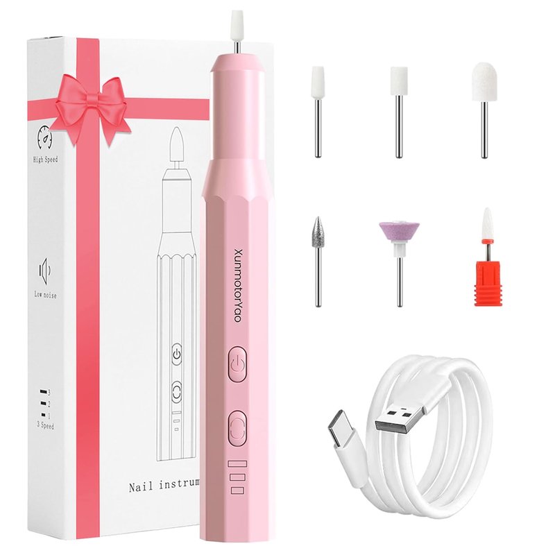 XunmotorYao Cordless Nail Drill Kit,Electric Nail File for Acrylic Gel Nails 3 Speeds Adjustable Rechargeable Electric Nail Tools Manicure and Pedicure Kit for Home&Salon(Pink)