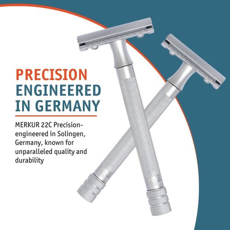 MERKUR 22C Double Edge Safety Razor - Matte Chrome Finish | Long Knurled Brass Handle | Eco-Friendly Design