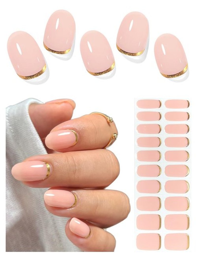 AutyaMee Semi Cured Gel Nail Strips (Gold End), Gold Foil Line Design, Nude, 20 Pcs Gel Nail Wraps, Stickers, UV Light Required, Salon Quality, Long Lasting