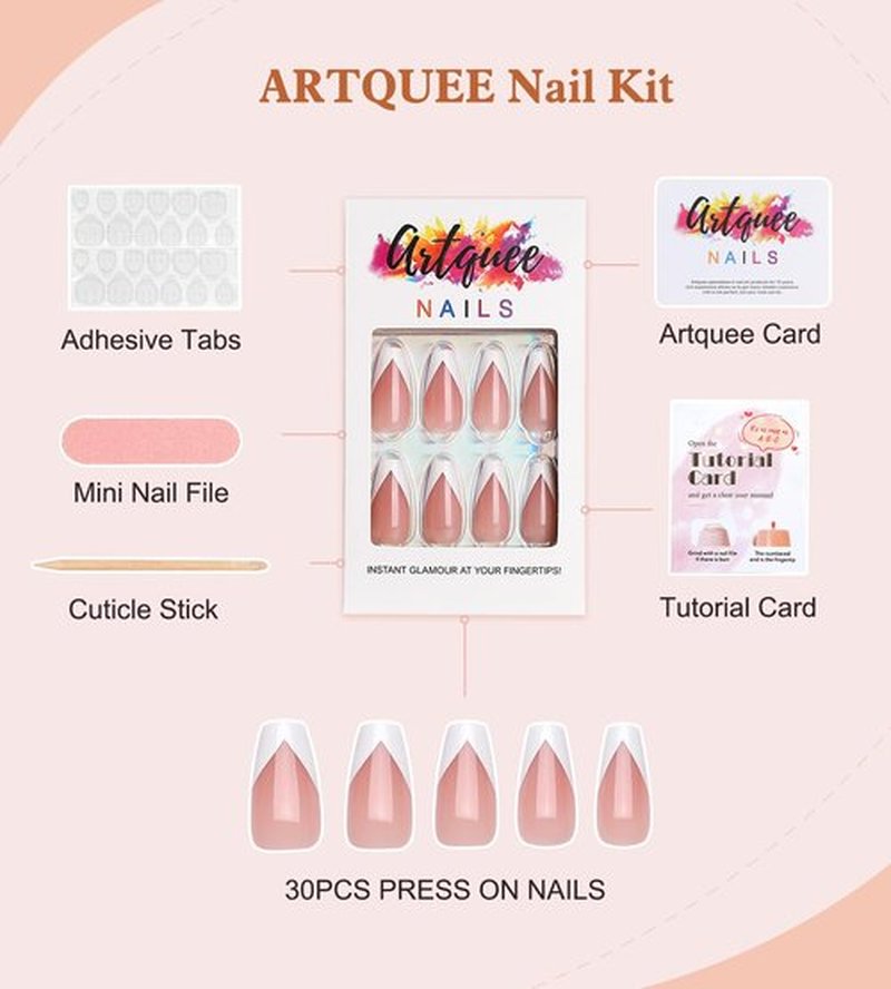 Artquee V French Tip Press on Nails Long Pink White Coffin Fake Nails Tips Glossy Full Cover Acrylic Nail Artificial Nail Art Reusable Stick on Nails Kit for Women - 30 Pcs in 15 Sizes