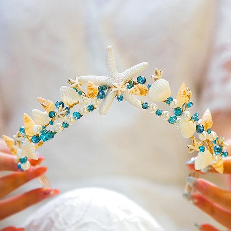 BARTOSI Mermaid Crown Starfish Tiara Gold Seashell Bridal Headband Sea Star Beach Wedding Headwear for Women