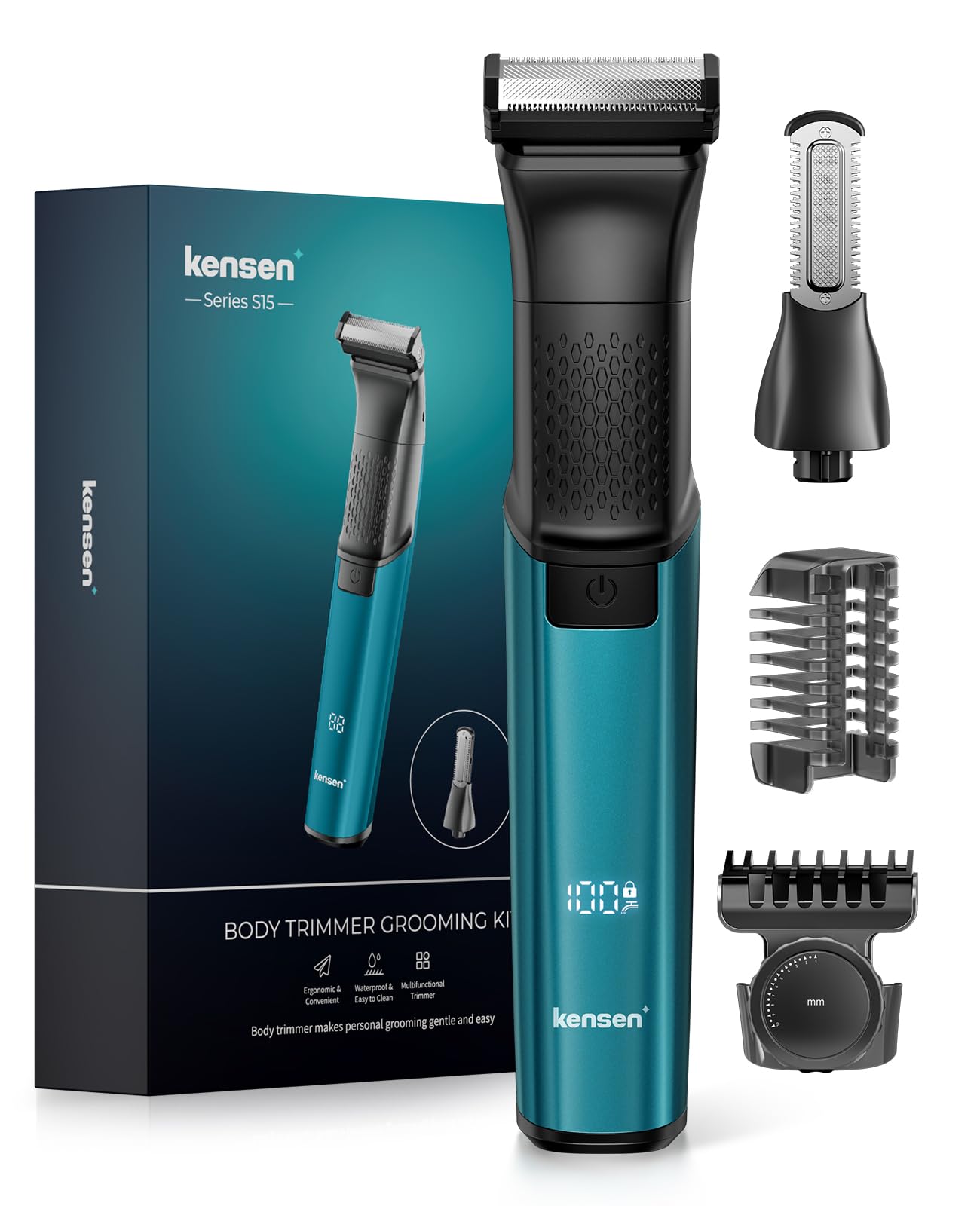 kensen Body Hair Trimmer for Men - 6.0 Upgraded Groin & Pubic Hair Trimmer, 2-in-1 Professional Dual-Head Body Shaver IPX6 Waterproof Wet/Dry Use Rechargeable Versatile Ball Shaver (Green)