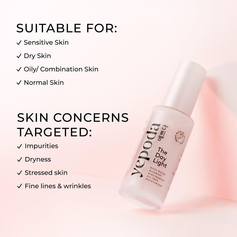 Yepoda The Day Light, Oil-Free Purifying Day Moisturizer with Rose Water, Mugwort & Niacinamide, Hydrating Vegan Korean Facial Moisturizer for All Skin Types, 1.69 FL. OZ. (50 ml)