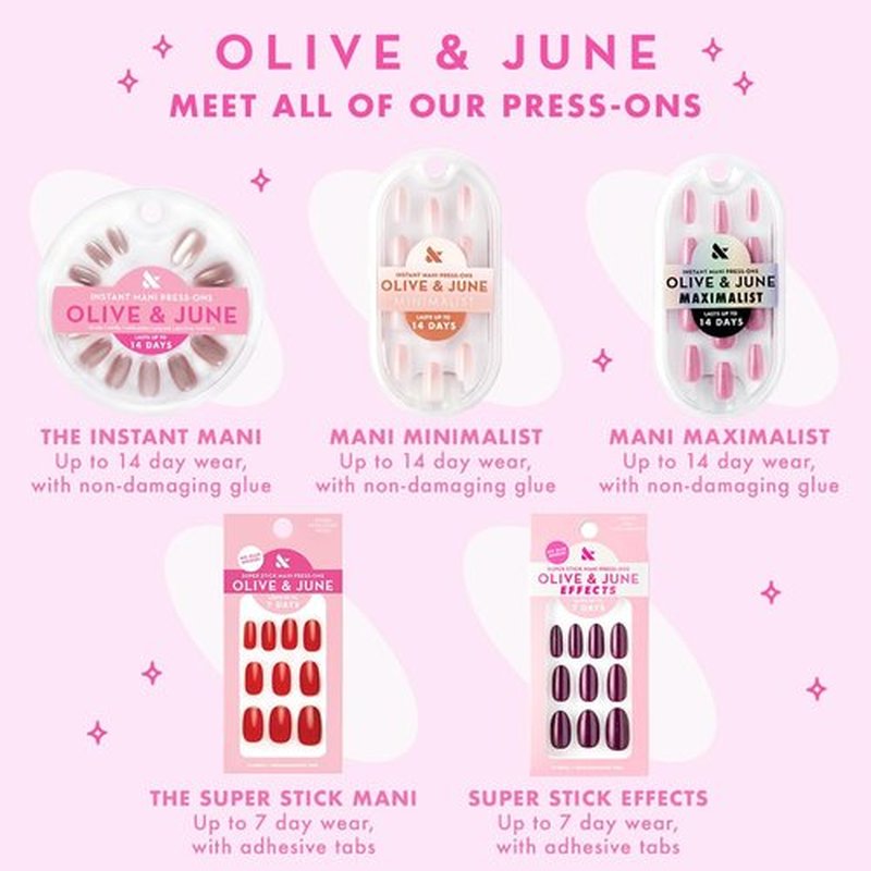 Olive & June Press-On Nail Bestsellers Kit - 4 Realistic Sets in HD Crisp White, Classic French, Shimmery Super Star & BP Icy Blue | Non-Damaging Glue, Up to 14-Day Wear