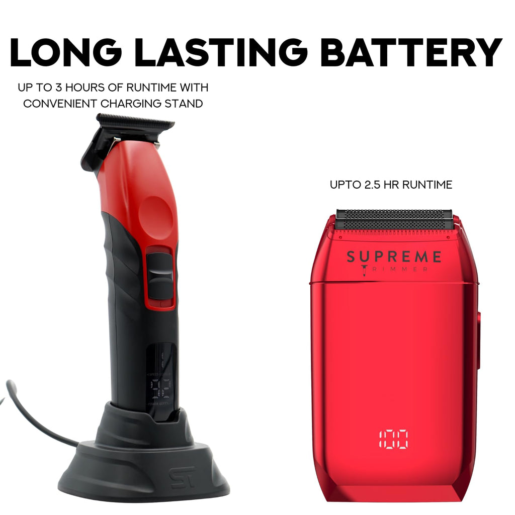 Supreme Trimmer Crunch Foil Shaver & 2Spee Trimmer Barber Hair Cutting Kit | Cordless Beard & Mustache Trimming Set | LCD Battery Displays, Removable Blade Design, Waterproof Shaver (Red)