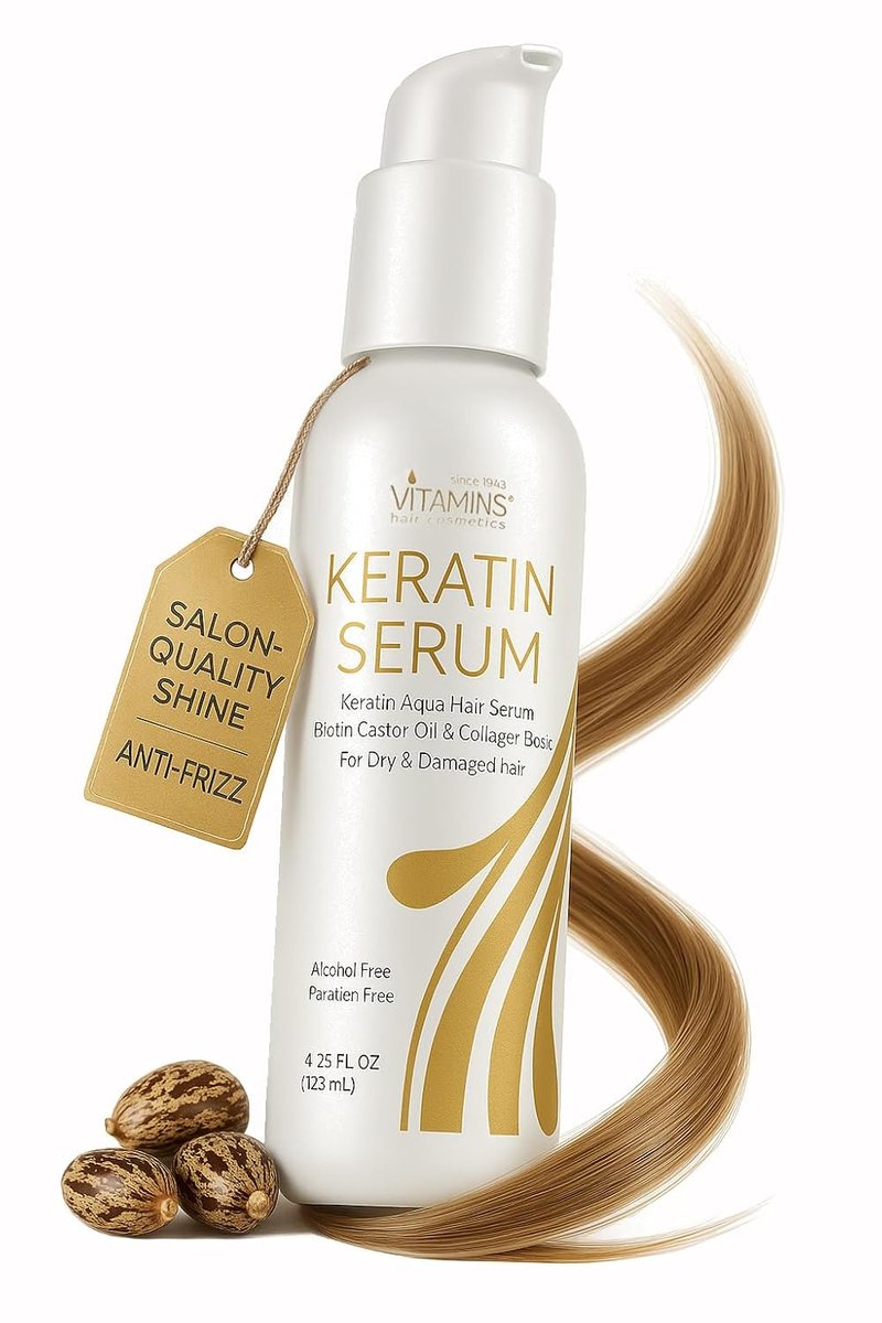 VITAMINS Keratin Hair Serum Oil - Anti-Frizz Treatment for Dry, Damaged Hair with Biotin & Collagen | 4.25 fl oz