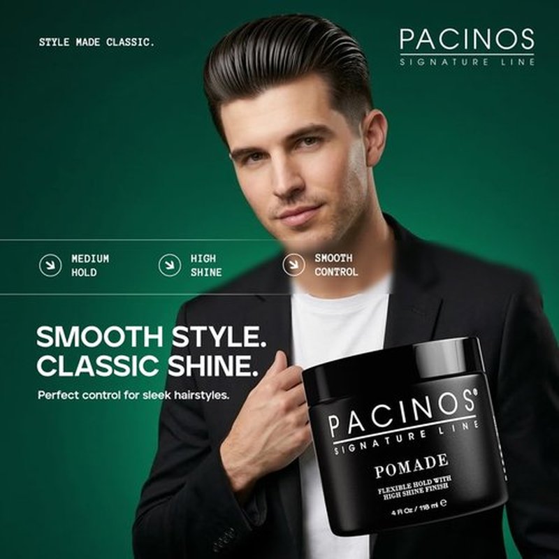 Pacinos Pomade - High Shine Hair Pomade for All Hair Types - Flexible Hold & Frizz Control - 4oz