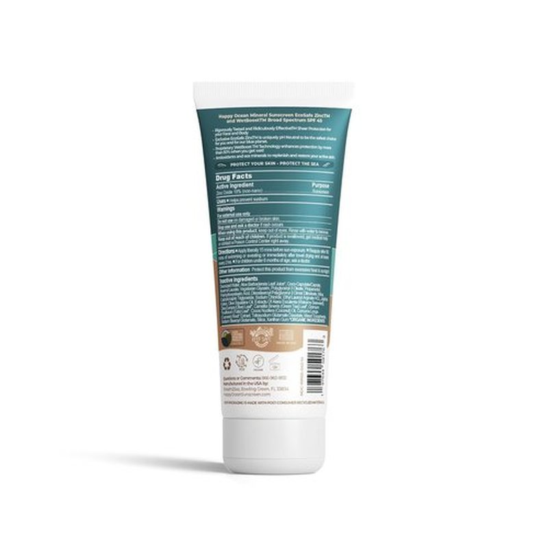 Happy Ocean SPF 45 Mineral Sunscreen with Non-Nano Zinc Oxide for Face and Body - 2.5 Fl oz, Non-Greasy, Reef Safe Biodegradable Sunscreen, Travel Size, Water Resistant - Original