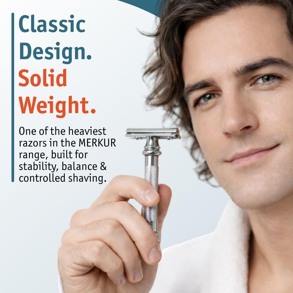 MERKUR 38C Double Edge Safety Razor - Bright Chrome, Extra Large Barber Pole Grip Brass Handle, Made in Germany, Plastic-Free, Two Piece Design, Closed Comb, Straight Bar