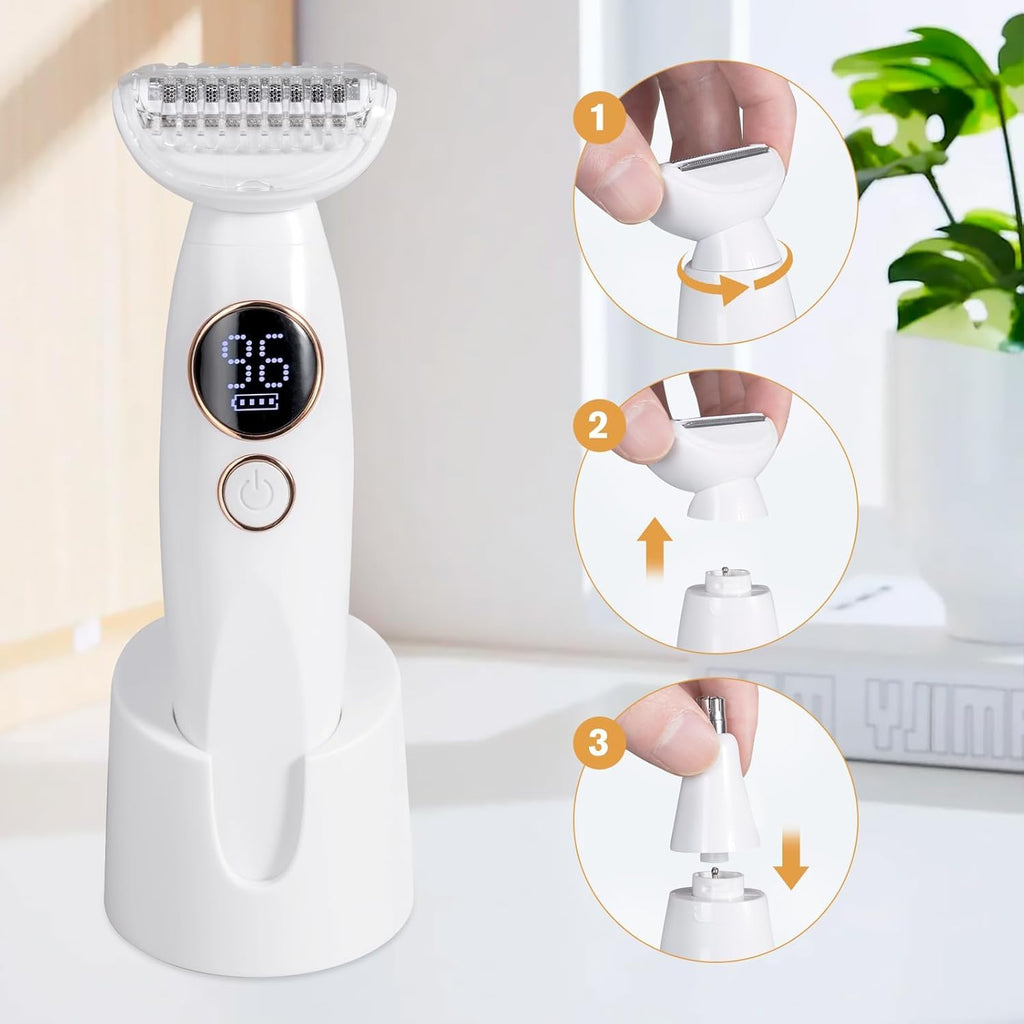 Carehabi 5-in-1 Intimate Shaver for Women, Electric Shaver, IPX7 Waterproof, USB Charging Station, Trimmer for Face, Eyebrows, Body, Bikini Zone