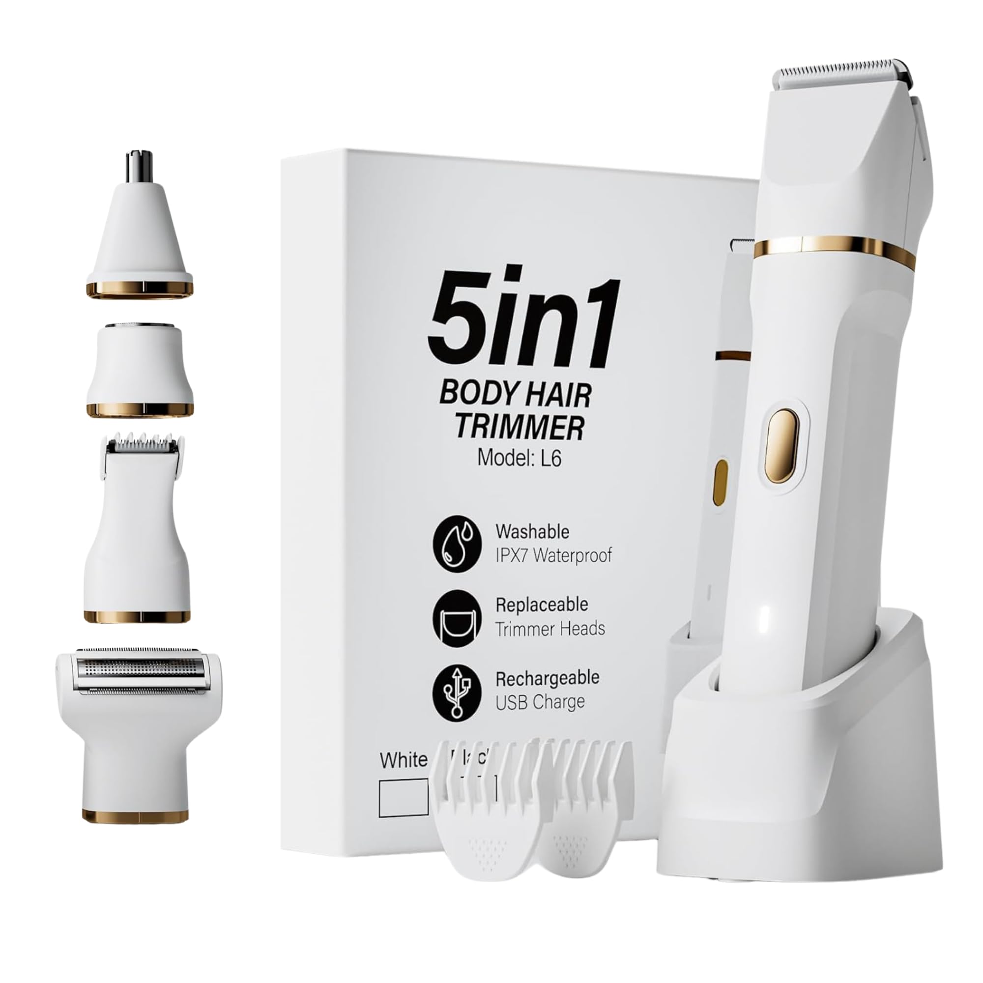 Paradise Bliss Quality 5-in-1 Bikini Trimmer Electric Razors with USB Cord, Excellent Facial Hair Elimination, Wet/Dry Body Shaver for Nose, Eyebrows, Beard, Leg, and Arm, IPX7 Waterproof (White)