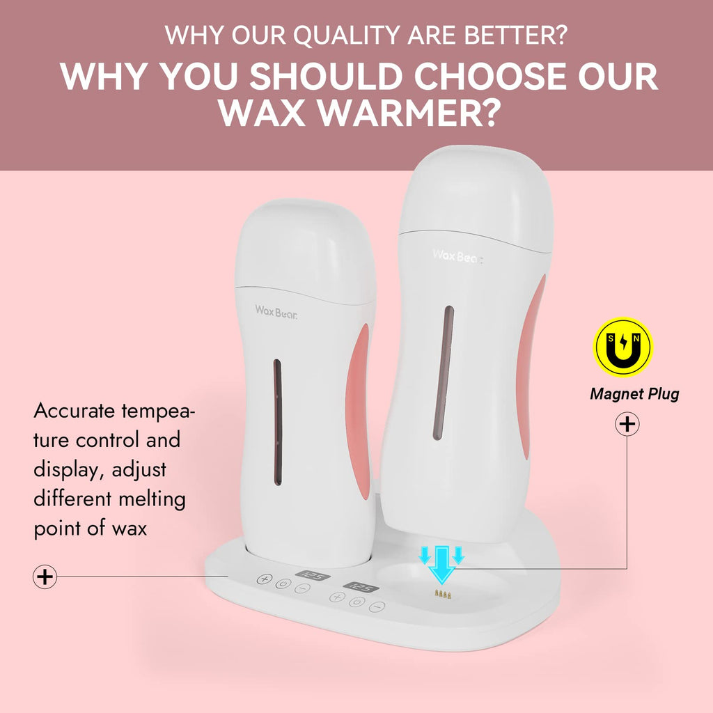 Wax Bear Roll On Wax Warmer with Double Roller for Soft Wax Cartridges, Magnetic Heating Base for Hair Removal at Home or Salon (White)