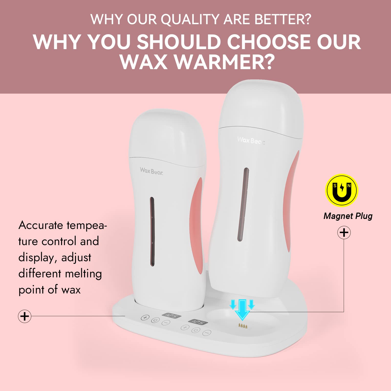 Wax Bear Roll On Wax Warmer with Double Roller for Soft Wax Cartridges, Magnetic Heating Base for Hair Removal at Home or Salon (White)